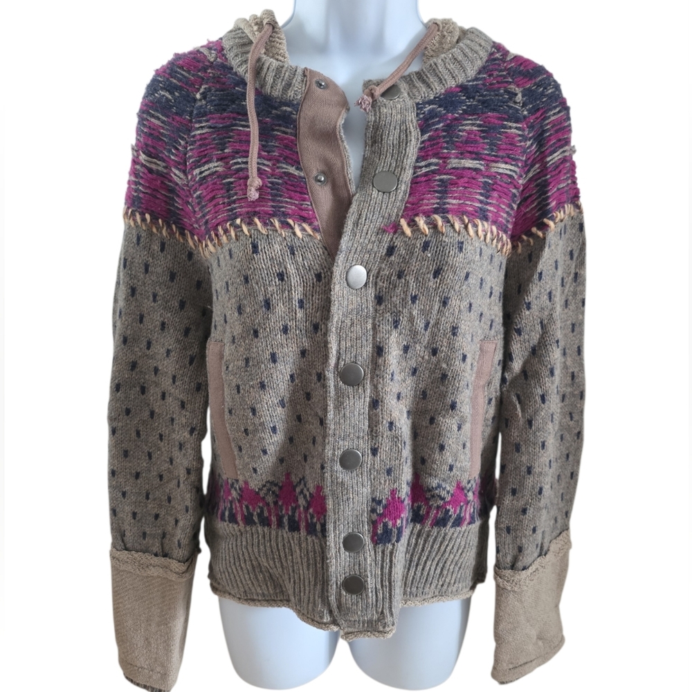 Free People Gray Multi-color Knitted Snap-on Cotton Blend Boho Hoodie Small